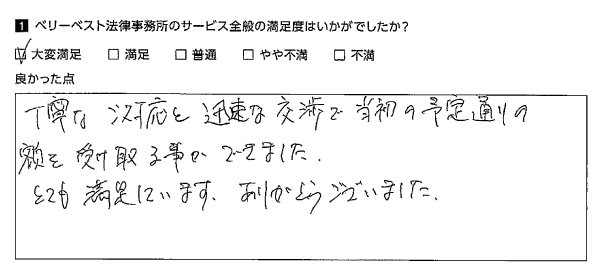 丁寧なご対応と迅速な交渉で当初の予定通りの額を受け取ることができました