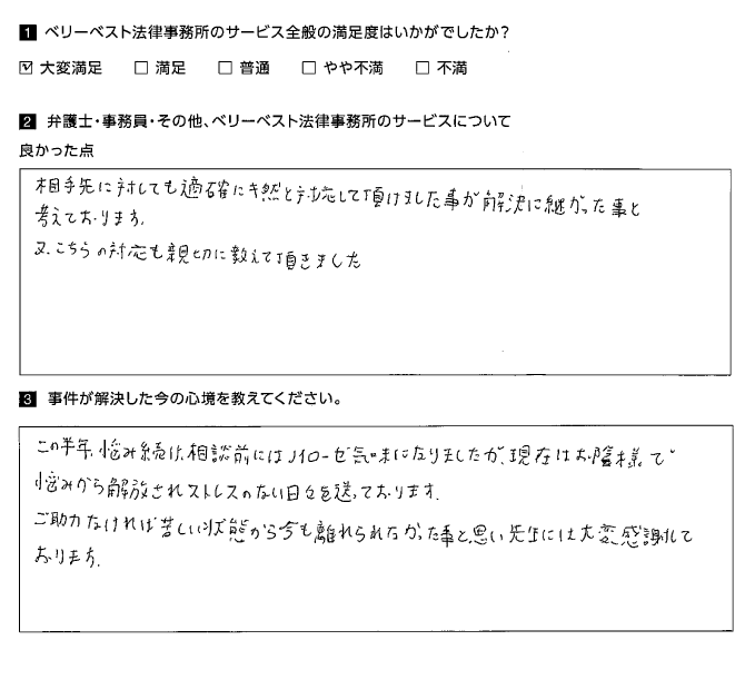 悩みから解放されストレスのない日々を送っております